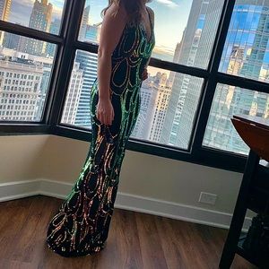 Iridescent sequin formal dress.